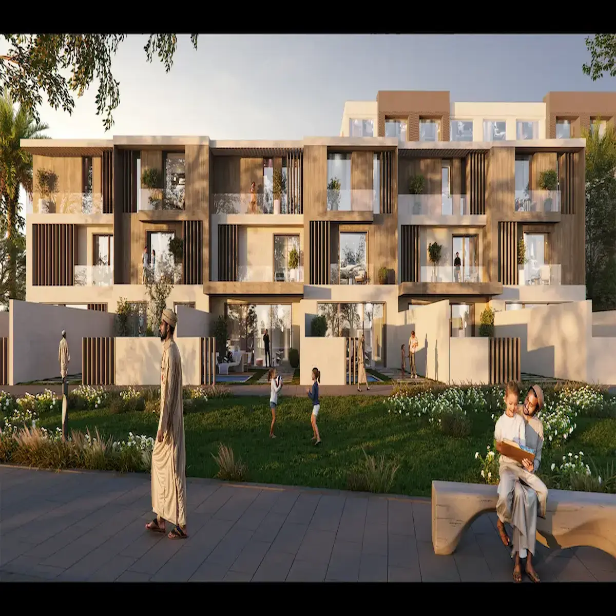 لقطة خارجية لمبنى سكني حديث بمرافق ترفيهية